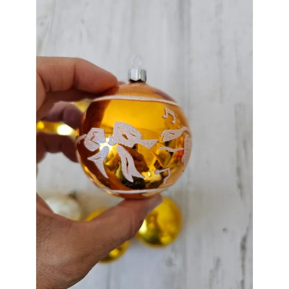 Vintage Mercury glass yellow ball ornament‎ set striped glitter tinsel